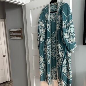 Turquoise and Cream Embroidered Indigo Moon Cardigan